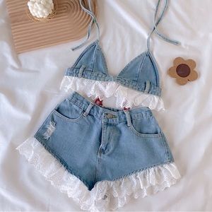 Denim & Lace Bralette and Shorts Set